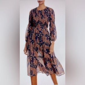 AQUA BLOOMINGDALES EXCLUSIVE Paisley Smocked Dress Small NWT